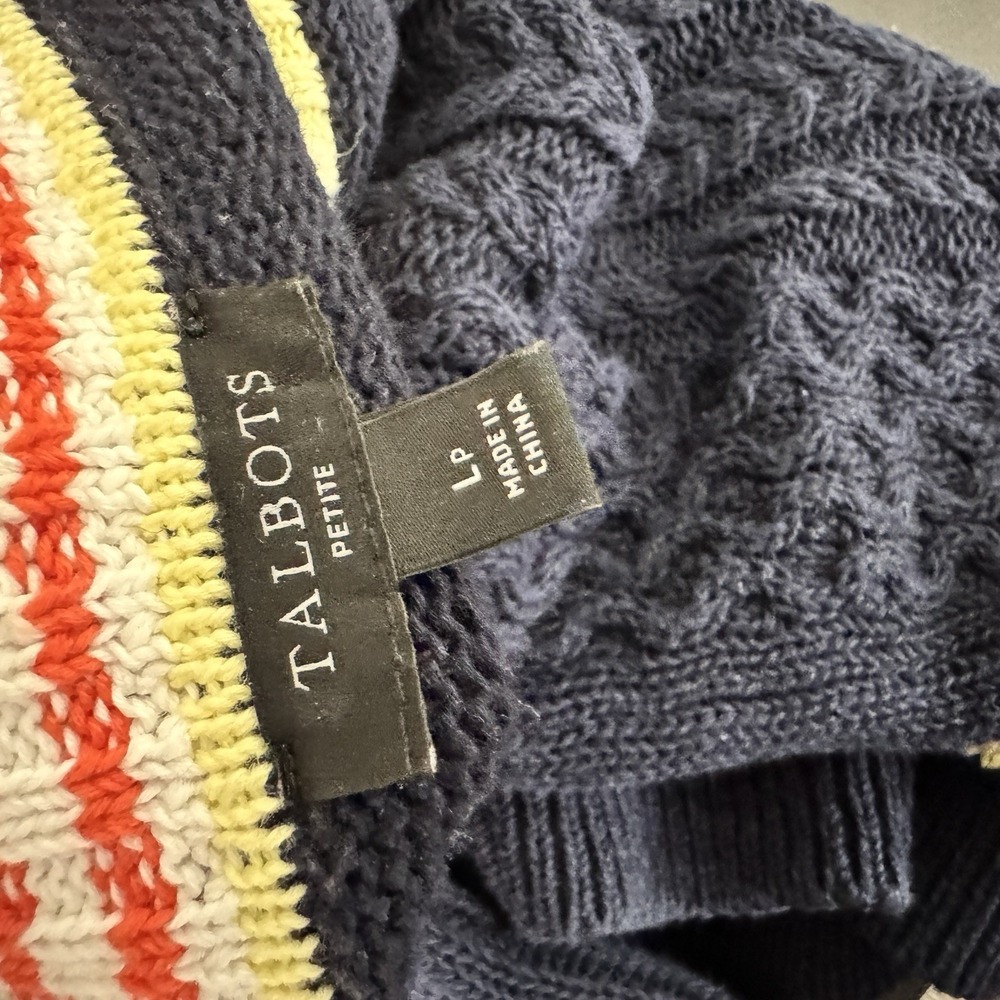 Talbots Cricket V Neck Sweater L Petite Navy Linen Blend Cable Knit Old Money - Picture 5 of 9